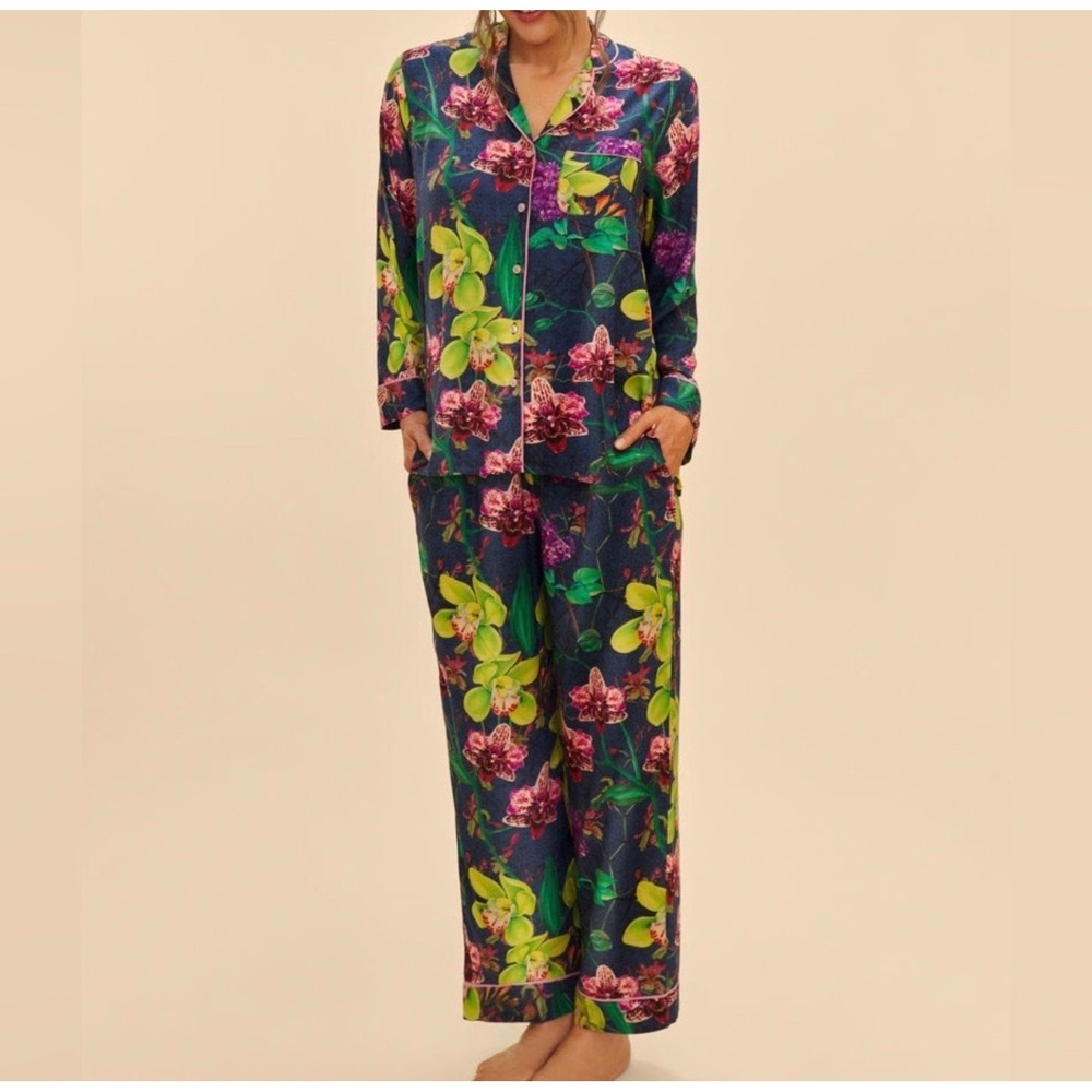Powder Pajama set Exotic Evening long sleeve button down floral S classic boho